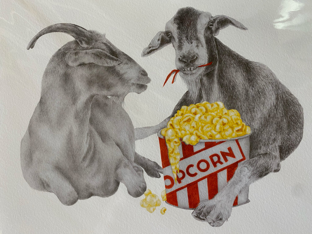 Goats eating popcorn print by Central and Gus